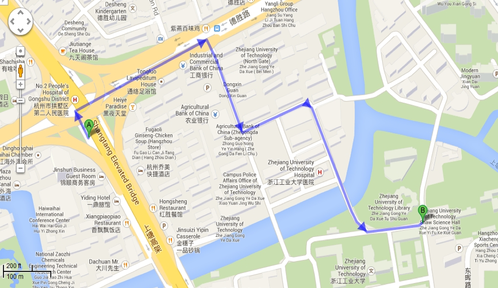Map of the route from the Crowne Plaza Hotel to the Shaw Science Center